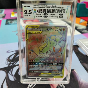 Graded- Pokemon Marshadow & Machamp GX Unbroken Bonds Secret Rare #221 HGA 9.5 Gem Mint
