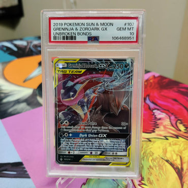 Graded- 2019 POKEMON SUN & MOON UNBROKEN BONDS #107 GRENINJA & ZOROARK GX PSA 10