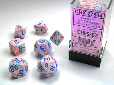 Chessex- Festive POP ART/ Blue- MEGA Polyhedral 7-Die set Dice