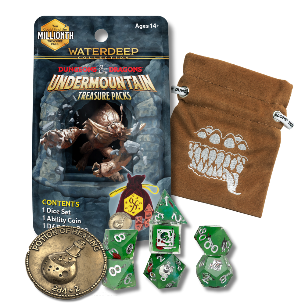 D&D- UNDERMOUNTAIN TREASURE PACKS Blind bag (Random Dice set, Coin, & Dice Bag)